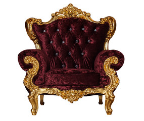 Luxury golden wooden chair with red textile. Antique armchair isolated on white background