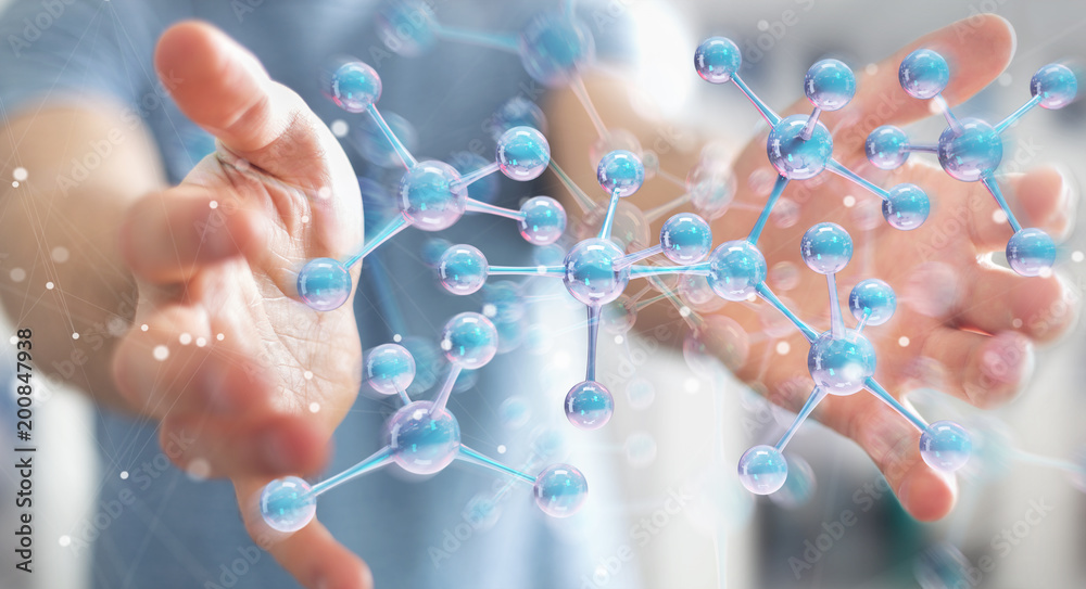 Poster Businessman using modern molecule structure 3D rendering