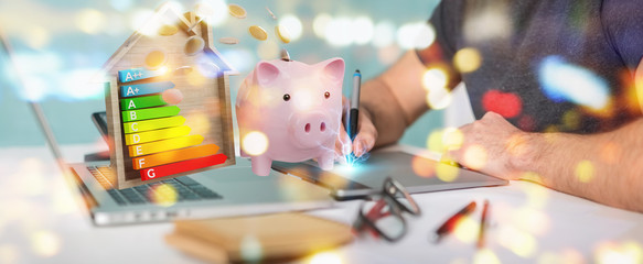Graphic designer saving money with good energy chart rating 3D rendering