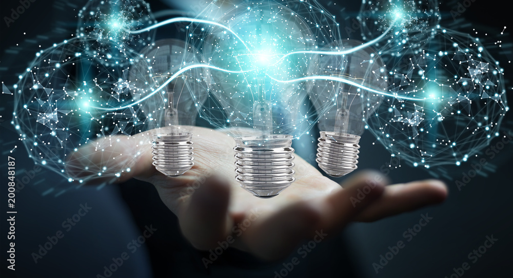 Poster businessman connecting modern lightbulbs with connections 3d rendering