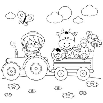 Farmer boy driving a tractor and carrying farm animals. Vector black and white coloring page.
