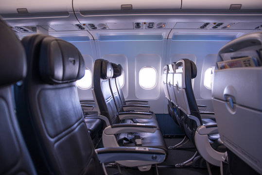 Airplane interior, seats and window