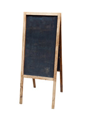 Wooden standing menu black chalkboard isolated on white background