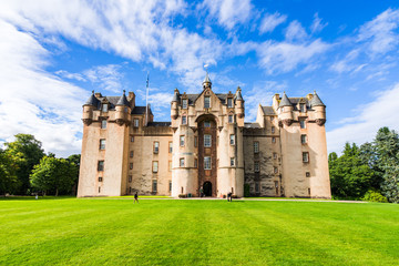 Main entrance of Fyvie Castle in a wonderful sunnt day, Aberdeenshire, Scotland, Britain