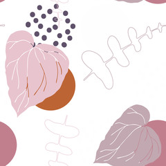 Botanical vector seamless pattern with hand drawn  tropical  leaves  and geometric background.