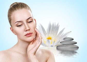 Beautiful woman in ripple water with lotus flower.