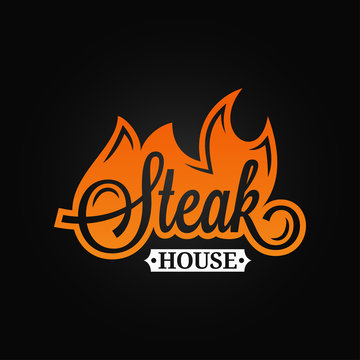 Steak logo flame vintage lettering. Grill fire on black background