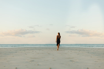 Fototapeta na wymiar rear view of woman in dress walking on sandy beach during sunset