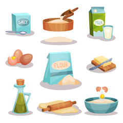 Bakery set, kitchen utensils and food ingredients for baking and cooking vector Illustrations isolated on a white background