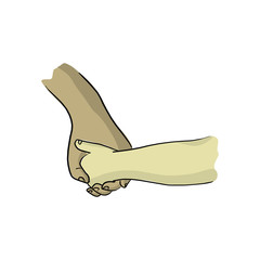 close-up father or mother holding a hand of child vector illustration sketch hand drawn with black lines isolated on white background. Family support concept.