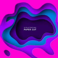 Paper cut abstract background with paper cut shapes. Template design layout for business presentations, flyers, posters, invitations. Paper art in violet and blue colors. Colorful carving art. Vector