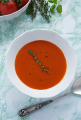 Tasty tomato soup top view.