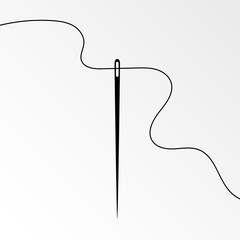 Vertical needle and curvy thread vector illustration. Dark gray sewing needle silhouette with wavy thread isolated on white background for tailor website or promo fashion product