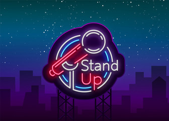 Stand Up Comedy Show is a neon sign. Neon logo, symbol, bright luminous banner, neon-style poster, bright night-time advertisement. Stand up show. Invitation to the Comedy Show. Vector