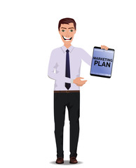 Funny Guy with tablet with text Marketing plan and free blank space for your text