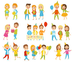 Happy Birthday kids set, little boys and girls celebrating birthday vector Illustrations on a white background