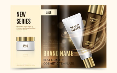 A beautiful cosmetic magazine template, luxury 3d illustration with golden bottle, white tube and jar for moisturizing cream, vector sale makeup top view