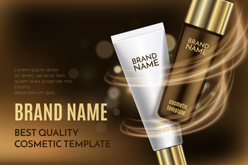 A beautiful cosmetic templates for ads, realistic translucent bottle and white tube in 3d on a gold blurred background. Golden makeup with lighting flare effect