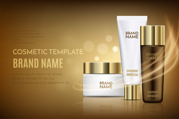 A beautiful cosmetic templates for ads, realistic transparent bottle, white tube and jar on a gold background. Golden makeup with lighting flare effect