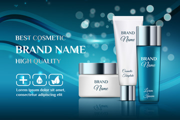 A beautiful templates for cosmetic ads, realistic transparent bottle, white tube and jar for moisturizing cream on a blue background with abstract technology wave