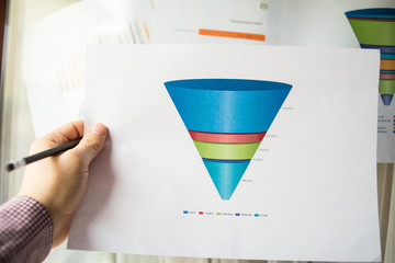 Male hand pointing with a finger at a sales funnel chart printed on a sheet of paper during a...
