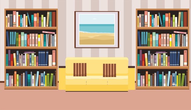 Interior with a poster, sofa with pillows and bookshelf. Flat vector illustration