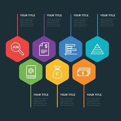 Flat geometric business, money, charts infographic steps template with 7 options for presentations, advertising, annual reports