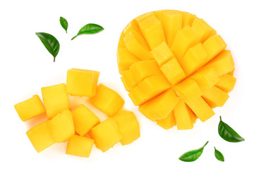 half of Mango fruit decorated with leaves isolated on white background close-up. Top view. Flat lay