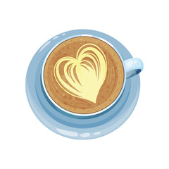 Cappuccino cup with heart design on top, drawings on coffee crema vector Illustration on a white background