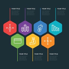 Flat geometric business, money, charts infographic steps template with 7 options for presentations, advertising, annual reports