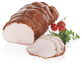 Ham and slices with decoration isolated on white background