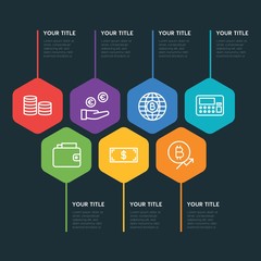 Flat geometric business, money, charts infographic steps template with 7 options for presentations, advertising, annual reports