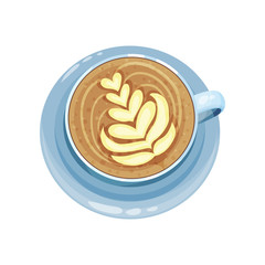 Cappuccino or latte cup with hearts design on top, drawings on coffee crema vector Illustration on a white background
