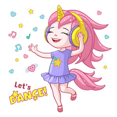 Vector cartoon lets dance poster with cute girl kid dancing in headphones wearing unicorn horn, pink tail, smiling. Isolated white background illustration with stars, hearts music notes