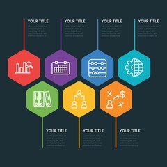 Flat geometric business, money, charts infographic steps template with 7 options for presentations, advertising, annual reports