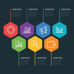 Flat geometric business, money, charts infographic steps template with 7 options for presentations, advertising, annual reports