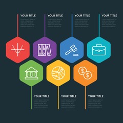 Flat geometric business, money, charts infographic steps template with 7 options for presentations, advertising, annual reports
