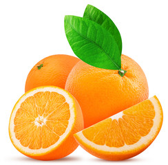 Two orange fruit one cut in half and slice with leaf
