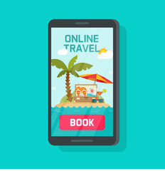 Online travel booking via mobile phone vector illustration, concept or on-line trip or journey book button with smartphone, flat cartoon cellphone with beach resort and sea landscape, holiday service