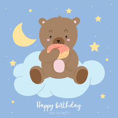 Blue brown pastel greeting card with bear eat donut sit on the cloud around star,moon and sky