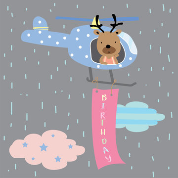 Blue pink pastel greeting card with raindeer,helicopter,cloud,rain and star