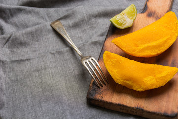 Colombian empanadas, made of meat and fried in oil.
