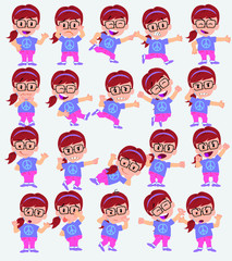 Cartoon character white girl with glasses. Set with different postures, attitudes and poses, doing different activities in isolated vector illustrations.