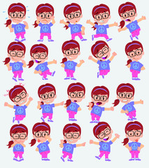 Cartoon character white girl with glasses. Set with different postures, attitudes and poses, doing different activities in isolated vector illustrations.