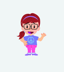 White girl with glasses waving, happy.