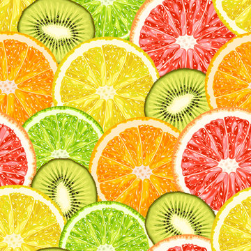 Vector seamless pattern from exotic tropical fruits slices. Lemon, grapefruit, orange, lime and kiwi slices background
