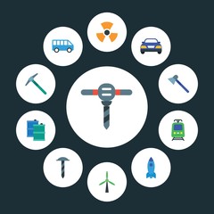 transports, industry Infographic Circle flat Icons Set. Contains such Icons as  automobile,  electricity, fuel, shuttle, axe,  rocket,  construction,  set and more. ..Fully Editable. Pixel Perfect..