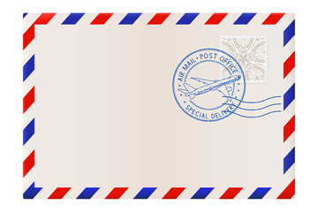 Blank envelope with air mail postmark - obrazy, fototapety, plakaty