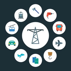 transports, industry Infographic Circle flat Icons Set. Contains such Icons as construction,  fly,  tower,  crane,  cable,  construction, car, fuel,  line and more. ..Fully Editable. Pixel Perfect..