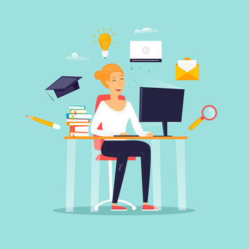 Online education, a girl is sitting at a computer, a student, courses. Flat design vector illustration.
